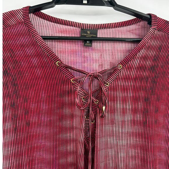 Worthington Lace Up Neck Womens Top Sz 3X Boho Flowy Burgundy Office Striped - Picture 2 of 8